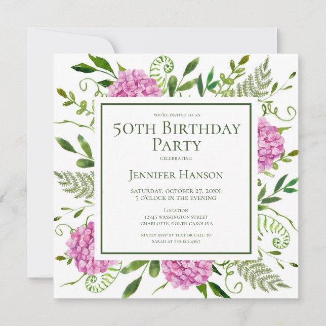 50th Birthday Pink Hydrangeas Card Request  Inbjudningar (Framsida)