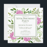 50th Birthday Pink Hydrangeas Card Request  Inbjudningar<br><div class="desc">This pink hydrangea 50th birthday card request invitation is whimsical and stunning! With its watercolor multi-hued pink hydrangeas, wispy natural greenery it is perfect for celebrating your loved one. The back has a beautifully worded fully customizable card request and a lovely coordinating pink hydrangeas bouquet. By selecting Personalize this template...</div>