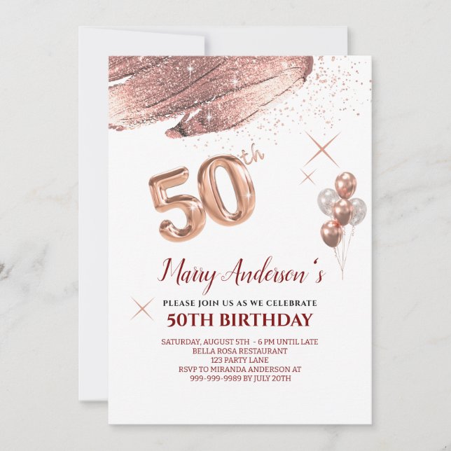 50th Birthday rose gold blush drips Invitation Inbjudningar (Framsida)