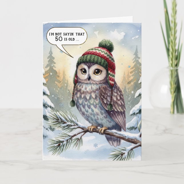 50th Birthday Watercolor Owl In Winter Hat Kort (Framsida)