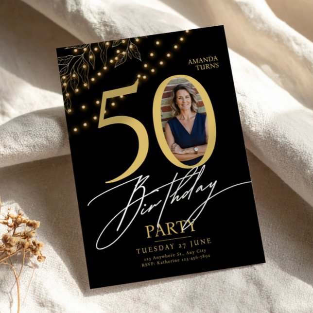 50th Birthday with Photo Elegant Black & Gold Inbjudningar (50th Birthday with Photo Elegant Black & Gold, 50th Birthday Women, Photo Birthday Card)