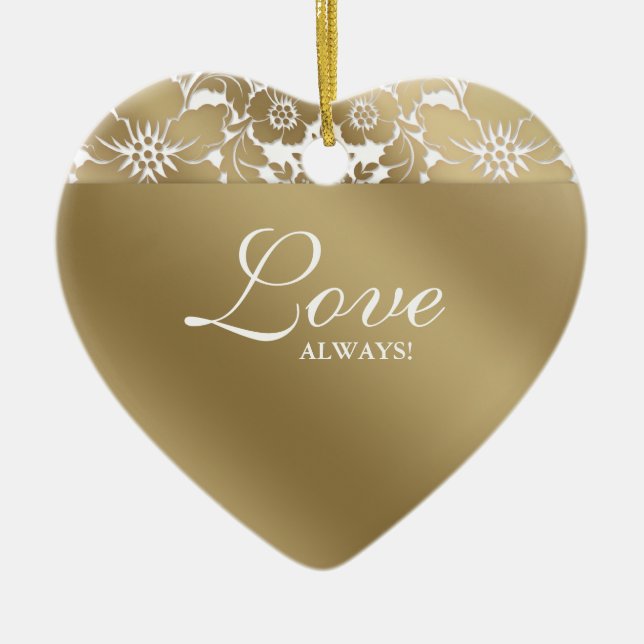 50th Blom- damastast guld- vit för årsdagbröllop Julgransprydnad Keramik (Framsidan)