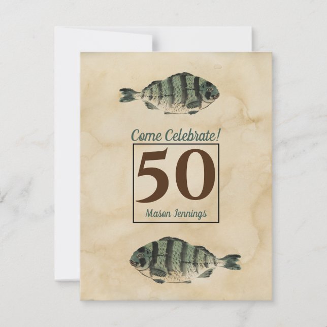 50th Fisk för födelsedagvintagevattenfärg Inbjudningar (Framsida)