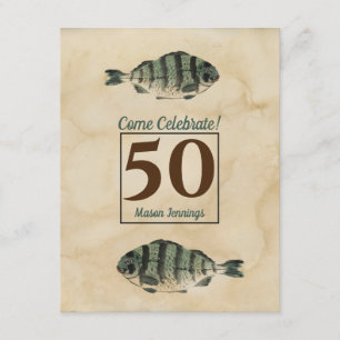 50th Fisk för födelsedagvintagevattenfärg Inbjudningar