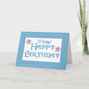 50th Födelsedag mönster för blåttkontrollGingham Kort