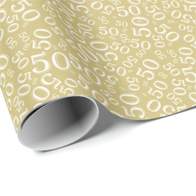 50th Födelsedagen numrerar mönsterguld och vit (S) Presentpapper (Rullad Hörn)