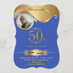 50th födelsedagmananyage, art déco, blåttRoy guld Inbjudningar
