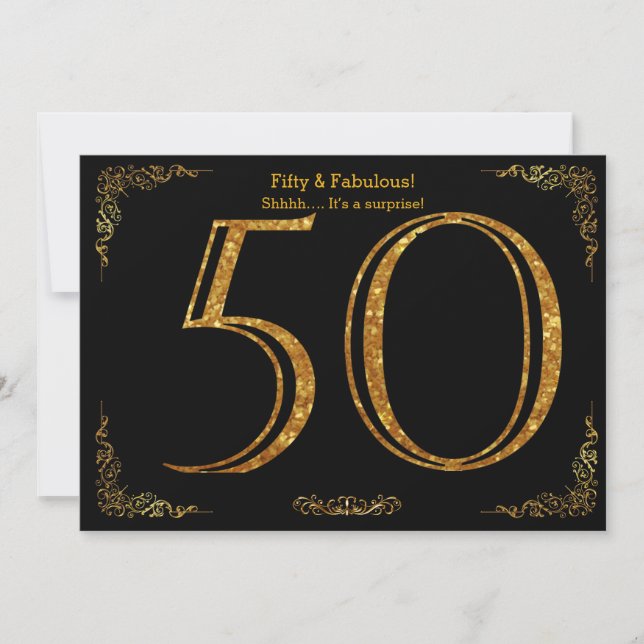 50th Födelsedagsfest Gatsby styl, svart guld- Inbjudningar (Framsida)