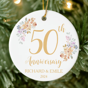50th Golden Anniversary Watercolor Flower Julgransprydnad Keramik