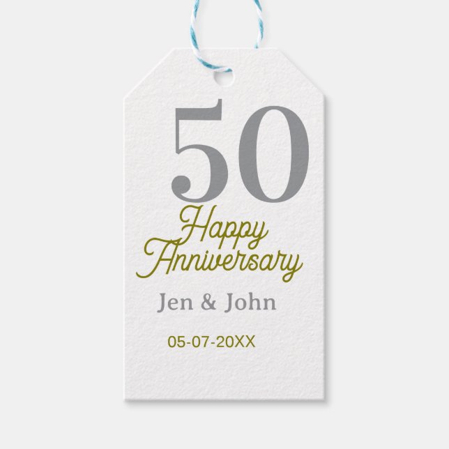 50th happy anniversary name date silver gold date  presentetikett (Framsidan)