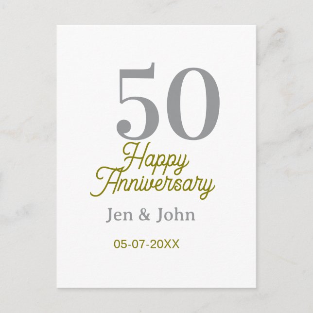 50th happy anniversary name date silver gold date  vykort (Framsida)