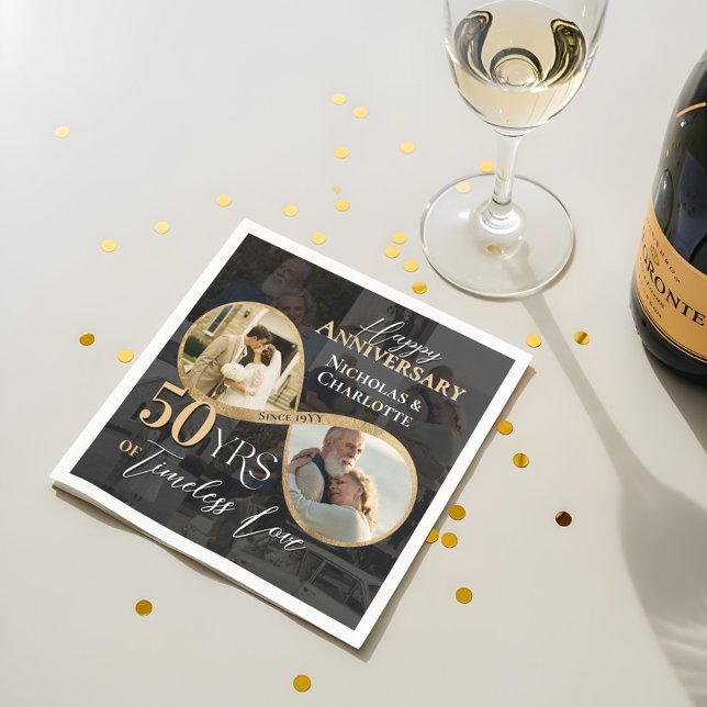 50th Happy Anniversary Then & Now Gold Infinity Pappersservett (50th Happy Anniversary Then & Now Gold Infinity Napkins)