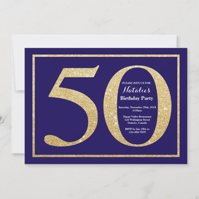 50th Marinblått och guld- glitter för födelsedag Inbjudningar (Framsida)
