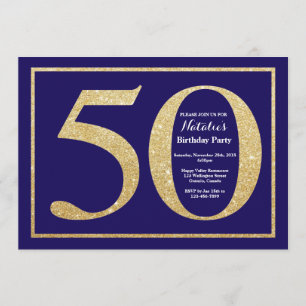 50th Marinblått och guld- glitter för födelsedag Inbjudningar