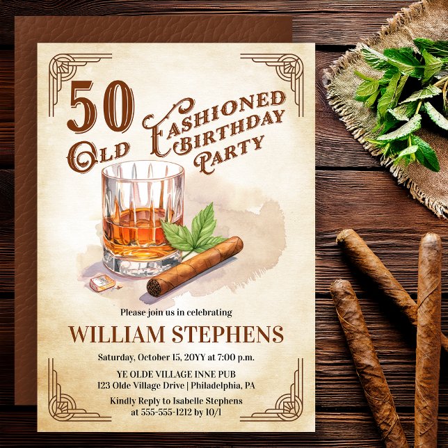 50th Old Fashioned Whiskey Cigar Birthday Party Inbjudningar (Old Fashioned whiskey 50th birthday invitation with vintage masculine style)