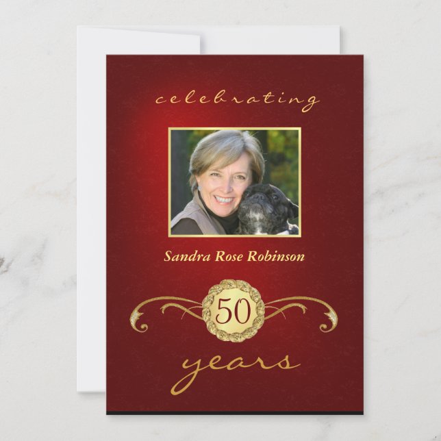 50th Röda födelsedaginbjudningar - & guld- Inbjudningar (Framsida)