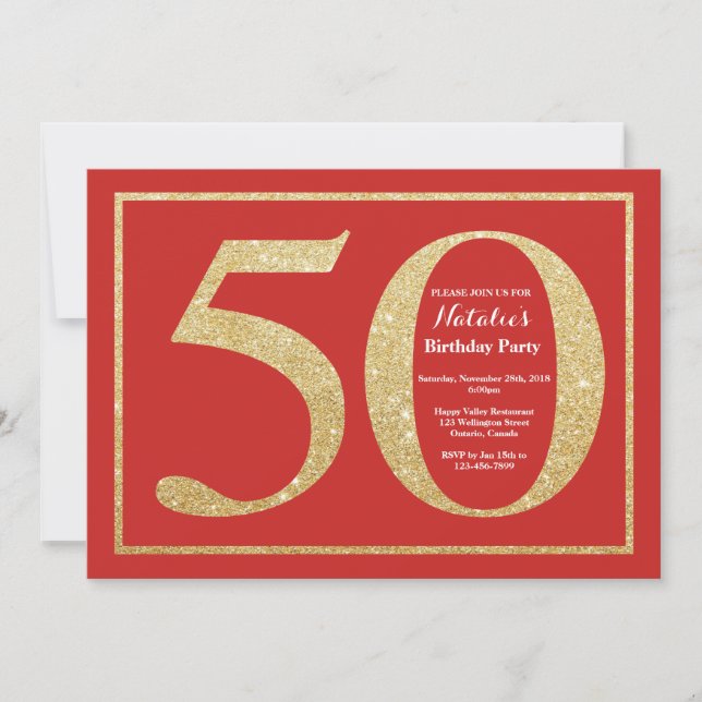 50th Rött och guld- glitter för födelsedaginbjudan Inbjudningar (Framsida)