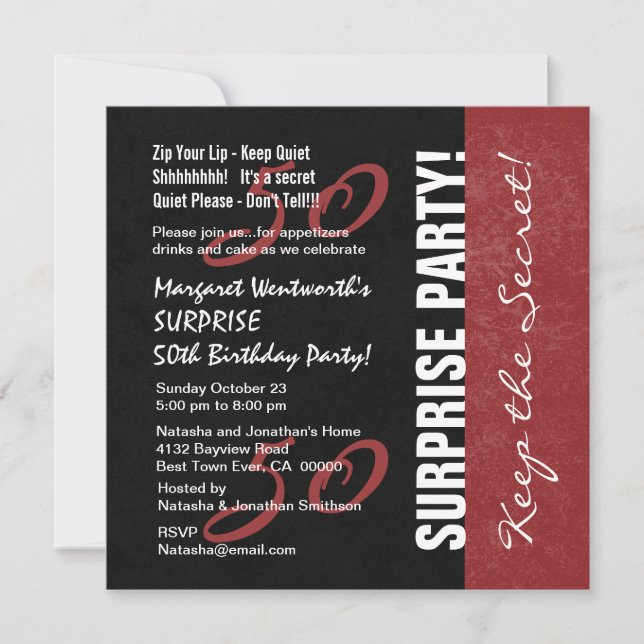50th SURPRISE Birthday Black and Red Grunge Inbjudningar (Framsida)