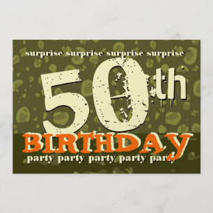 50th SURPRISE Birthday Khaki Orange Cream Camo Inbjudningar