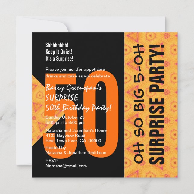 50th Surprise Diagonal Orange och Black V04 Inbjudningar (Framsida)
