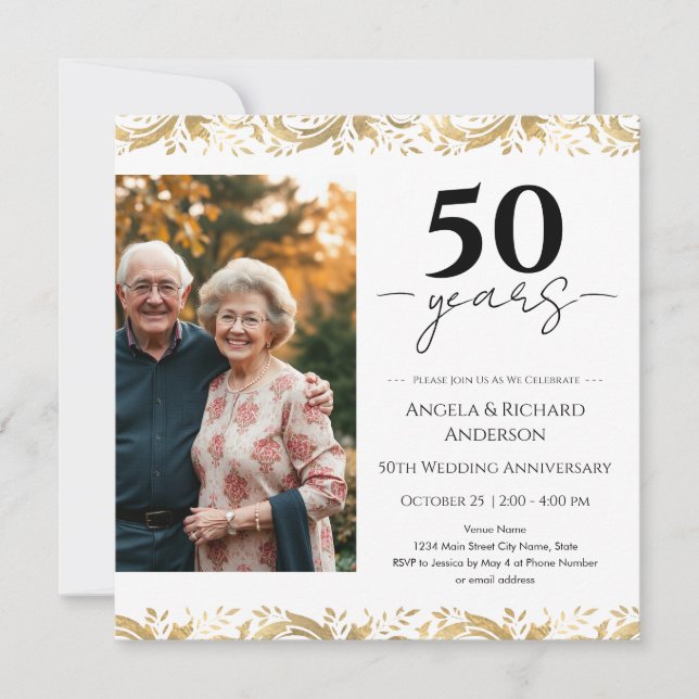 50th Wedding Anniversary Gold Black Photo Invitati Inbjudningar (Framsida)