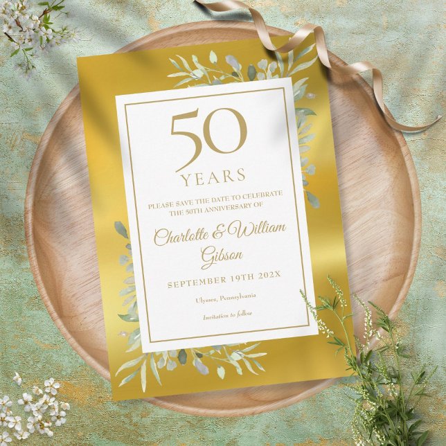 50th Wedding Anniversary Greenery Gold Foil Spara Datumet (Skapare uppladdad)