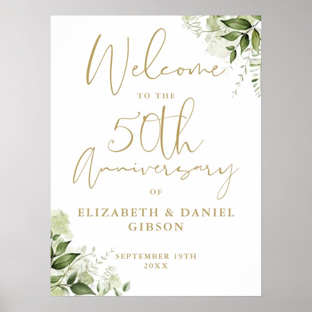 50th Wedding Anniversary Greenery Welcome Sign Poster (Framsidan)