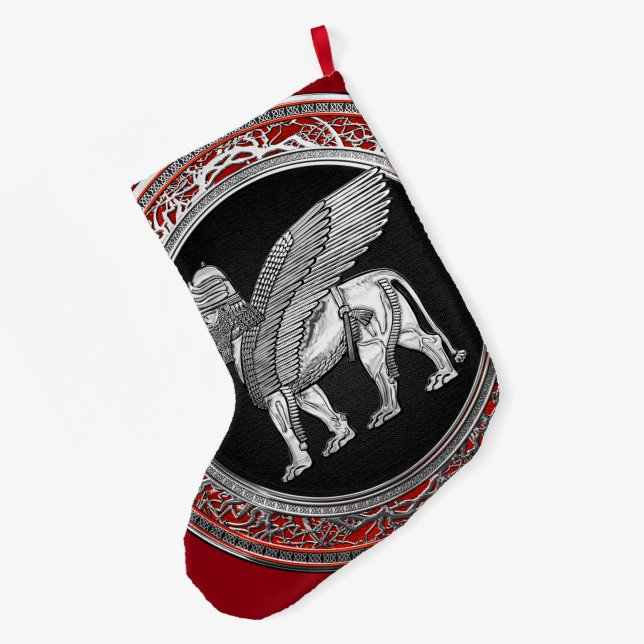 [510] Assyriansk vind Lejon - Silver Lamassu Stor Julstrumpa (Baksidan (Hängande))