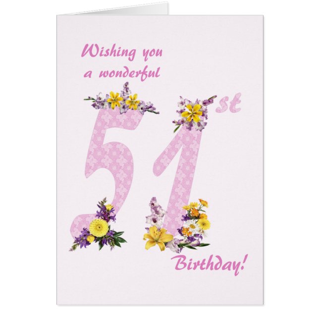 51:a födelsedag Flower Decorated Numbers Hälsningskort (Framsidan)