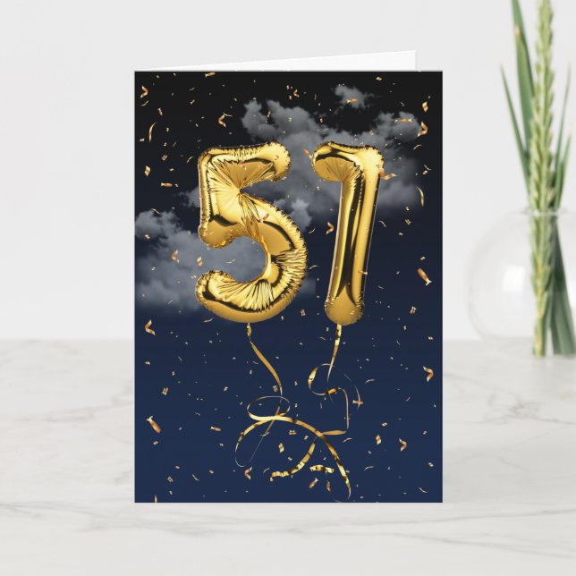 51:a födelsedag Guld Mylar Balloon och Konfetti-ko Kort (Framsida)