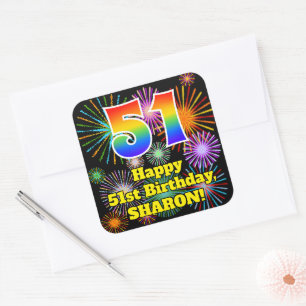 51:a födelsedag: Roligt Fireworks look, regnbåge n Fyrkantigt Klistermärke