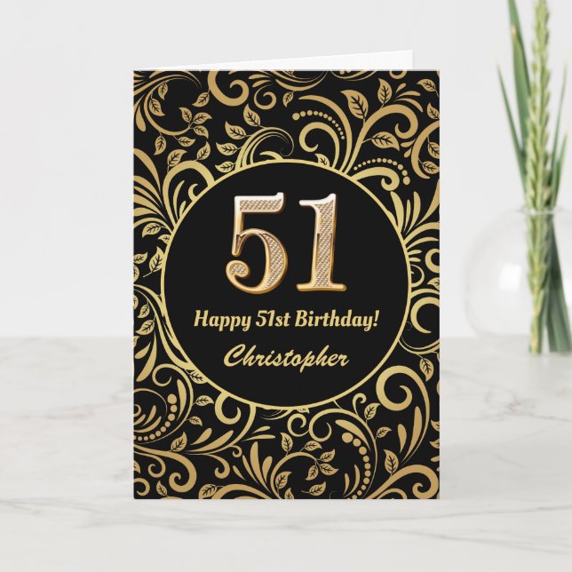51:a födelsedag Svarta och Guld-Blommönstret Kort (Framsida)