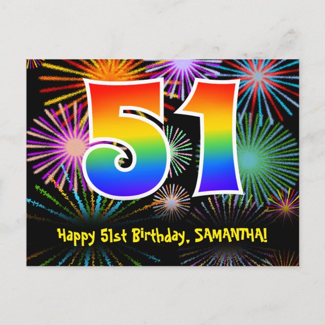 51:a födelsedagen - Roligt Fireworks Mönster + Rai Vykort (Framsida)