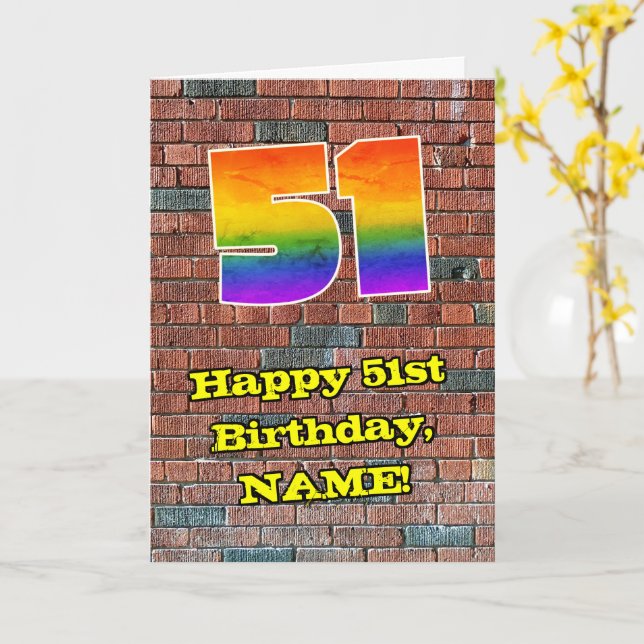 51:a födelsedagen: Roligt Graffiti-Inspired Rainbo Kort (Gul blomma)