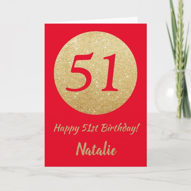 51:a födelsedagen Rött och Guld Glitter Kort (Framsida)
