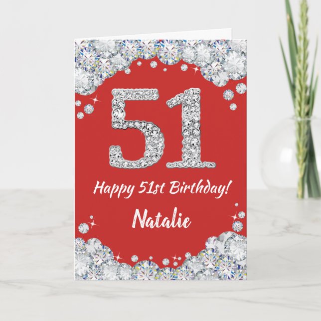51:a födelsedagen Rött och Silver Glitter Kort (Framsida)