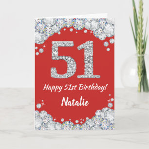 51:a födelsedagen Rött och Silver Glitter Kort