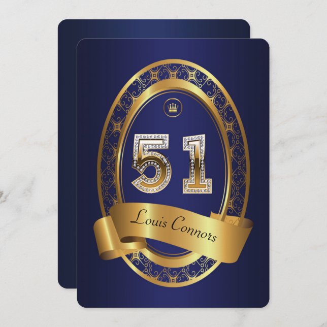 51:a, födelsedagsfest kvinnlig man,elegant färg inbjudningar (Fram/baksida)