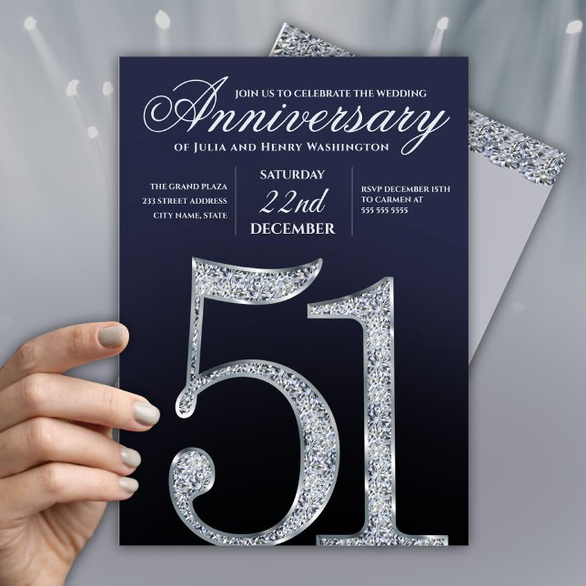 51-årsjubileum Diamant Silver Marinblå Modern Inbjudningar (Skapare uppladdad)
