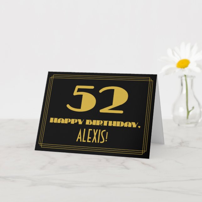 52:a födelsedag: Namn + Art Deco Inspired Se "52" Kort (Liten växt)