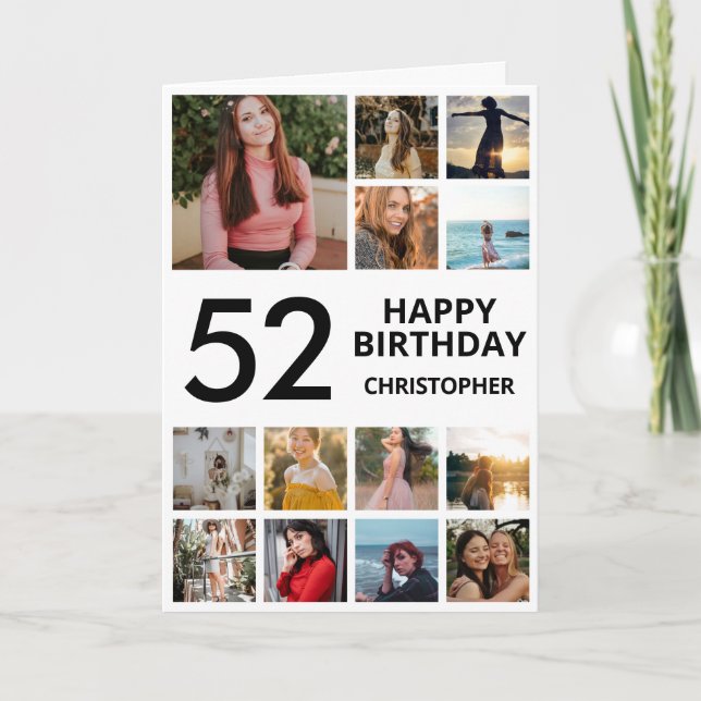 52:a födelsedag Photo Collage 13 Photos Black Whit Kort (Framsida)