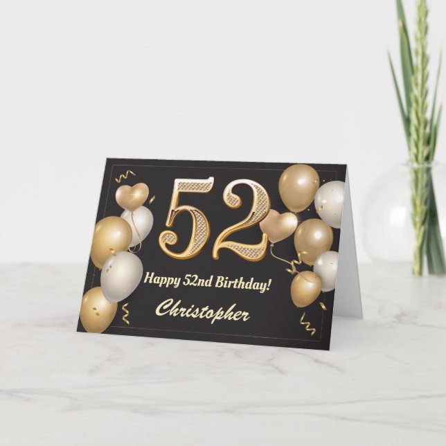 52:a födelsedag Svart och Guld födelsedag Kort (Framsida)