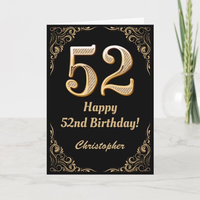 52:a födelsedag Svarta och Guld Glitter Ram Kort (Framsida)