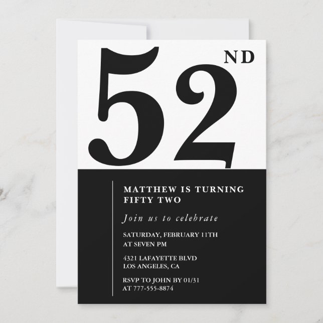 52-årsinbjudningar Svartvit Elegant Inbjudningar (Framsida)