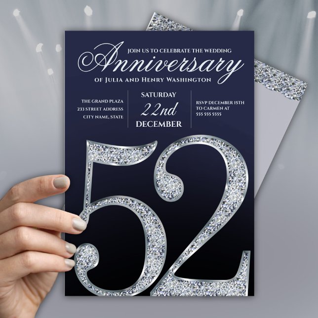 52-årsjubileum Diamant Silver Marinblå Modern Inbjudningar (Skapare uppladdad)