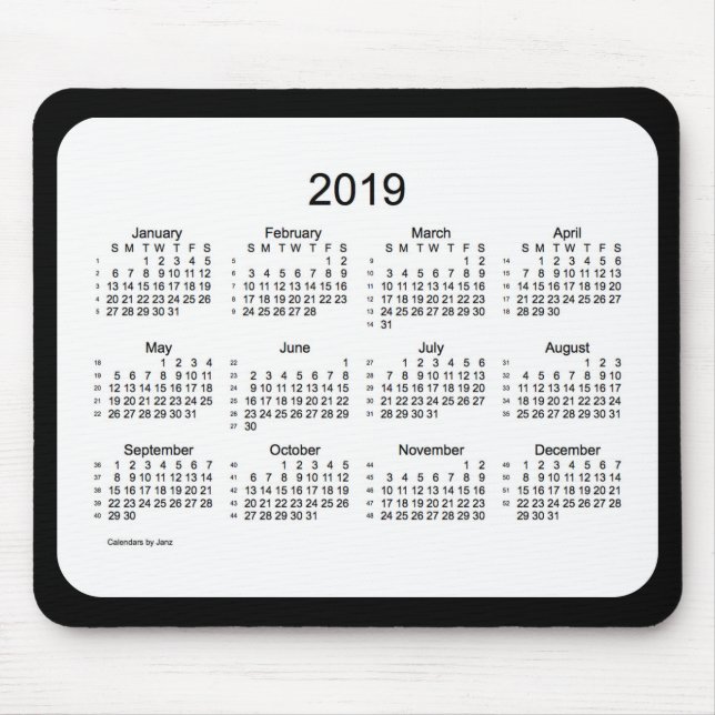 52 kalender svartvita Mousepad för veckor 2019 Musmatta (Framsidan)