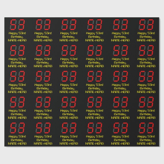 53-årsdag: Röd digital klockstil "53" + Namn Presentpapper (Platt)
