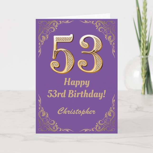 53:e födelsedagen Lila och Guld Glitter Ram Kort (Framsida)