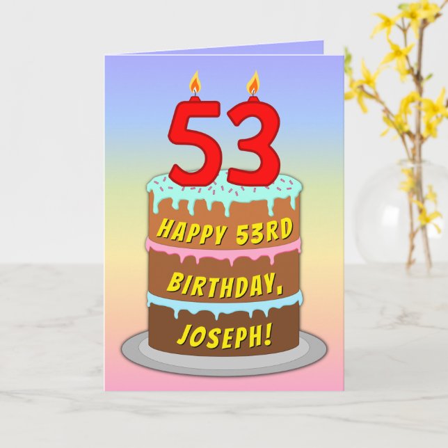 53:e födelsedagen - Roligt Cake & Candles, med ege Kort (Gul blomma)