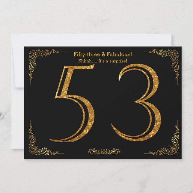 53:e Födelsedagsfesten,Gatsby styl,svart guld glit Inbjudningar (Framsida)